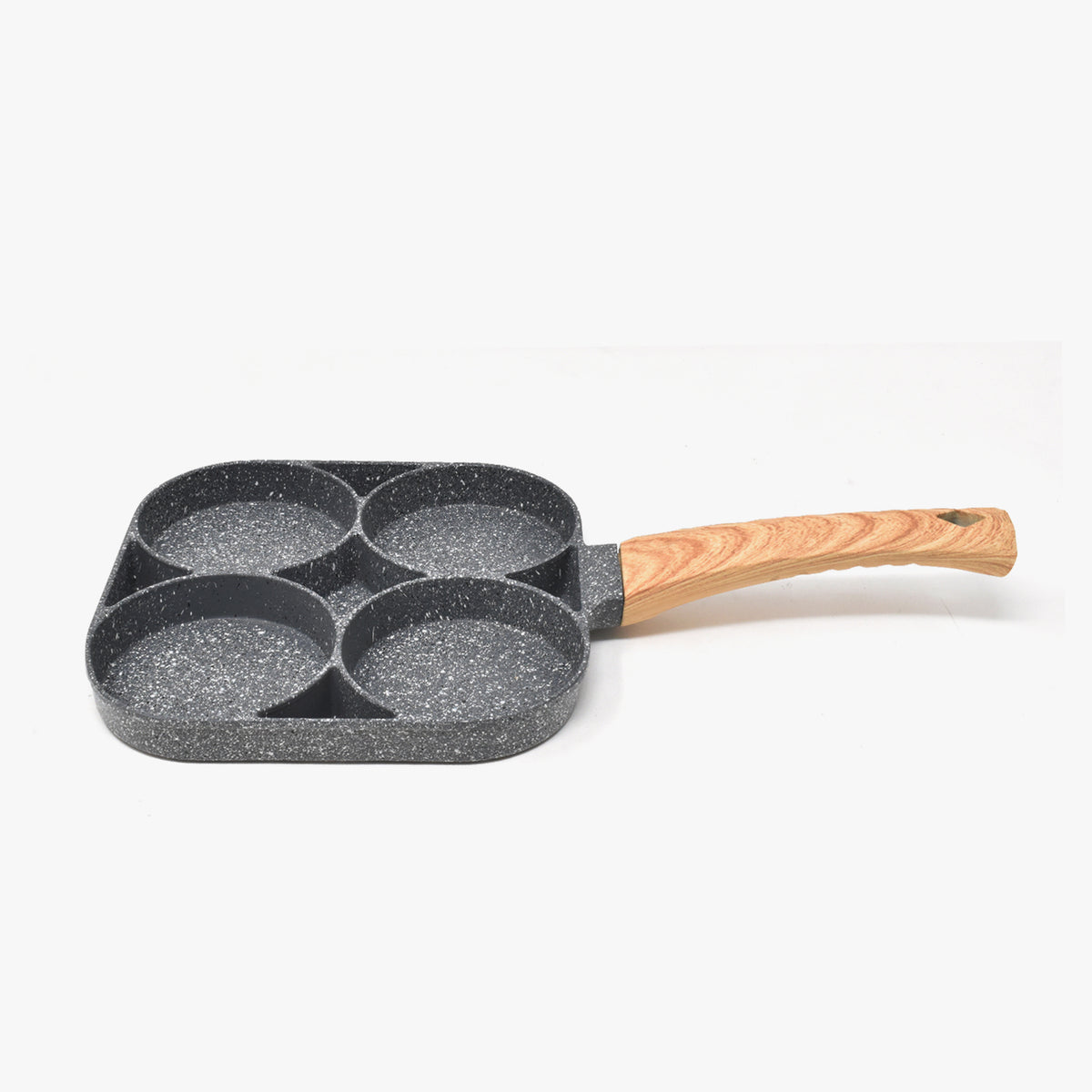 4 Hole Omelet Pan For Burger Egg Ham Pancake Maker Wooden Handle Frying Pan Side View