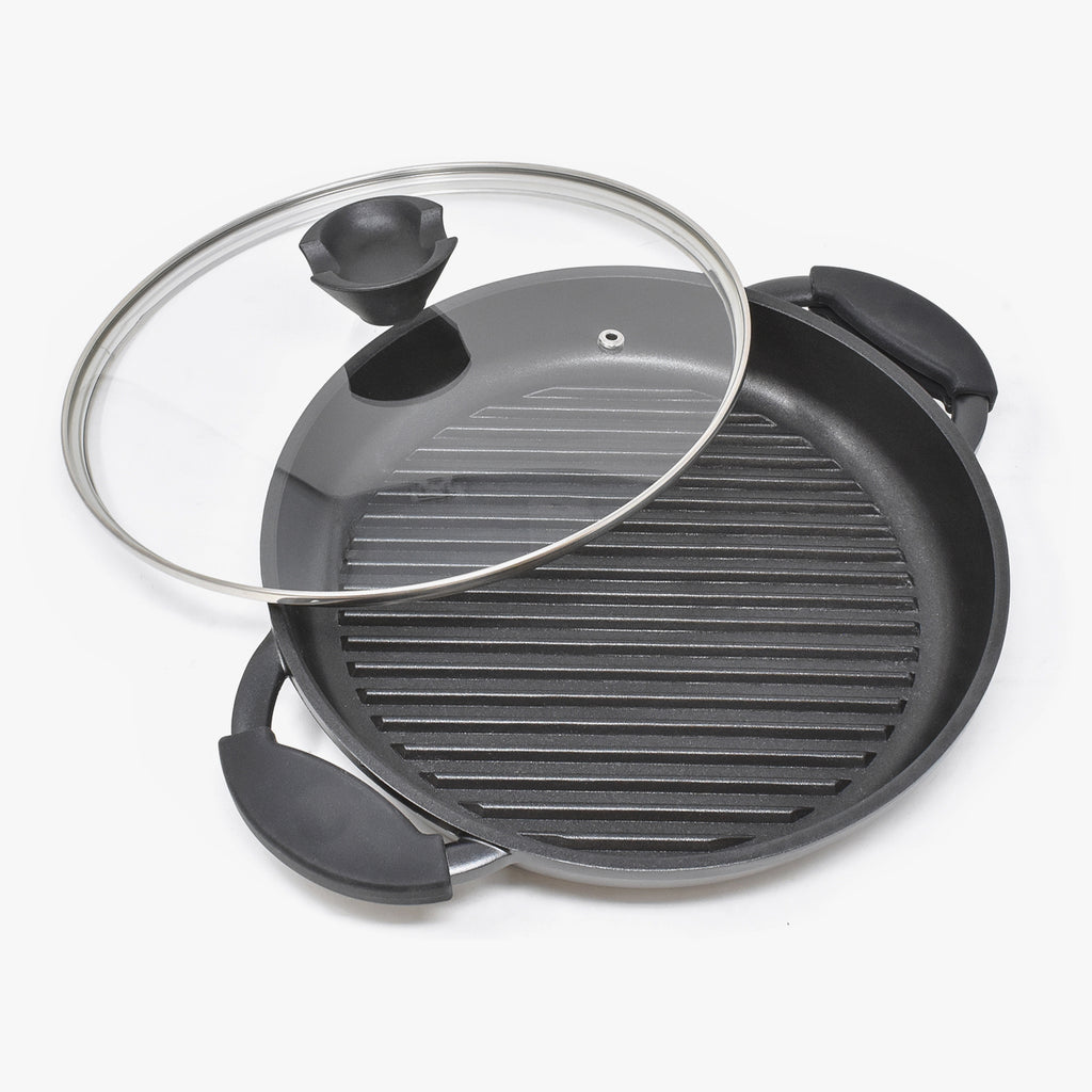 Joejis Poêle Grill Induction Antiadhésive - Ronde Fonte d'aluminium 27cm -  Couvercle En Verre - Poêle à Frire à Steak BBQ Casseroles - Sans PFOA :  : Cuisine et Maison