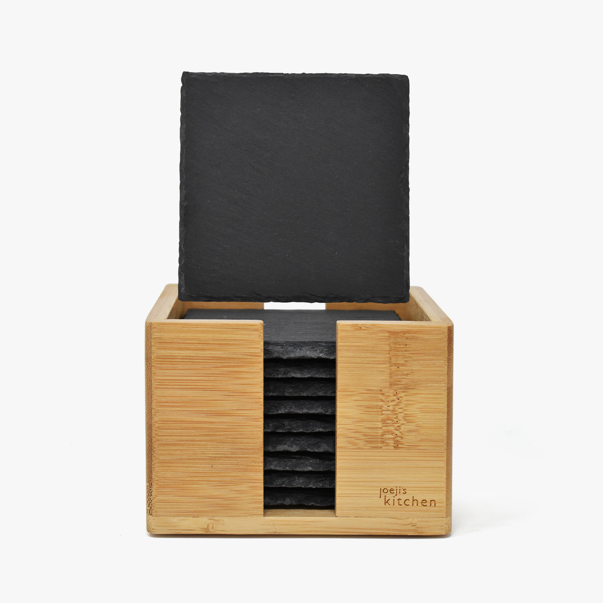Slate Coasters 10pcs with Bamboo Storage Front View